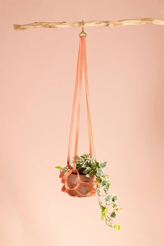 Leather Plant Pot Holder -CORAL