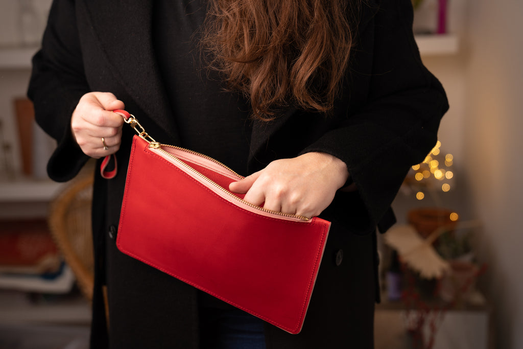Red leather clutch bag 2025